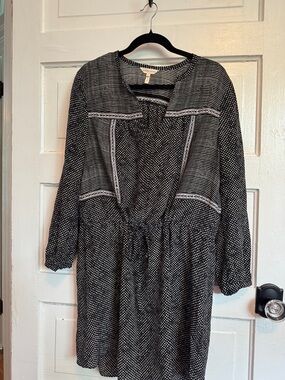 Rebecca Taylor Black and White Long-Sleeve 100% Silk Drawstring Tunic Dress